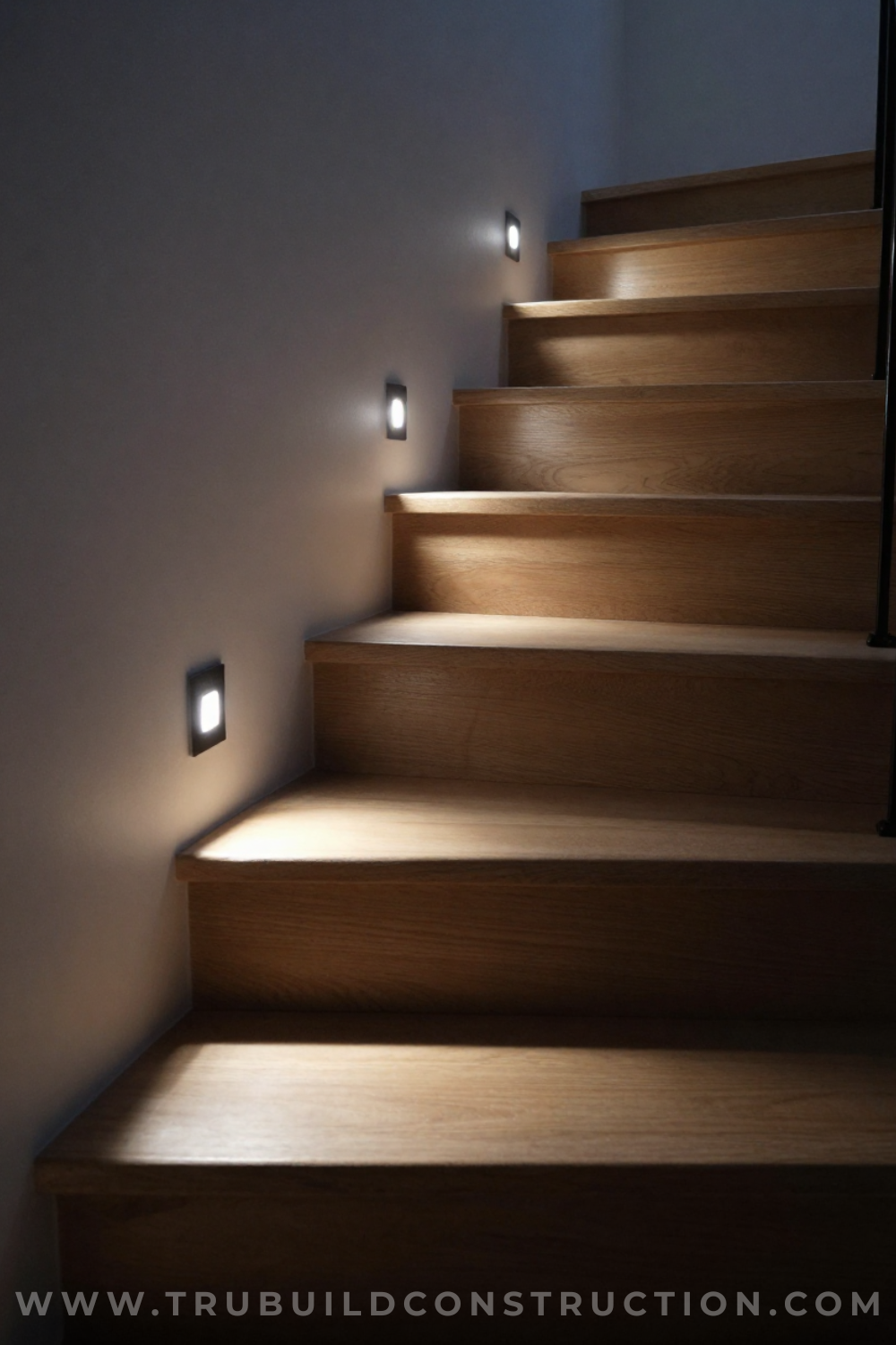 Recessed step lights illuminating basement stair treads at night