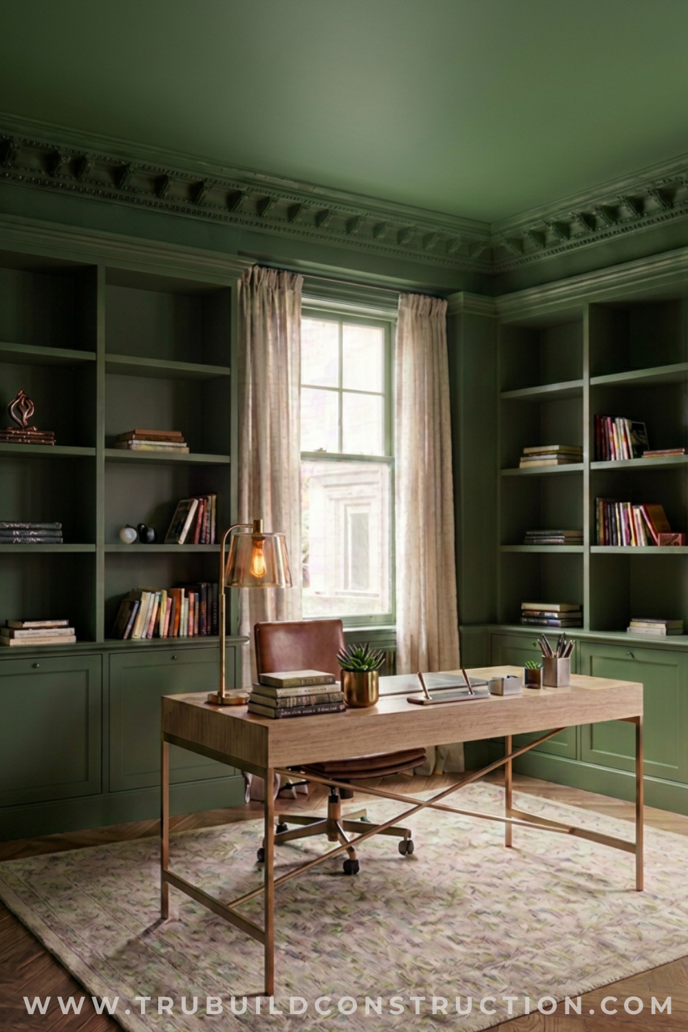 Green color-drenched home office with matching walls, ceiling, and built-in bookshelves