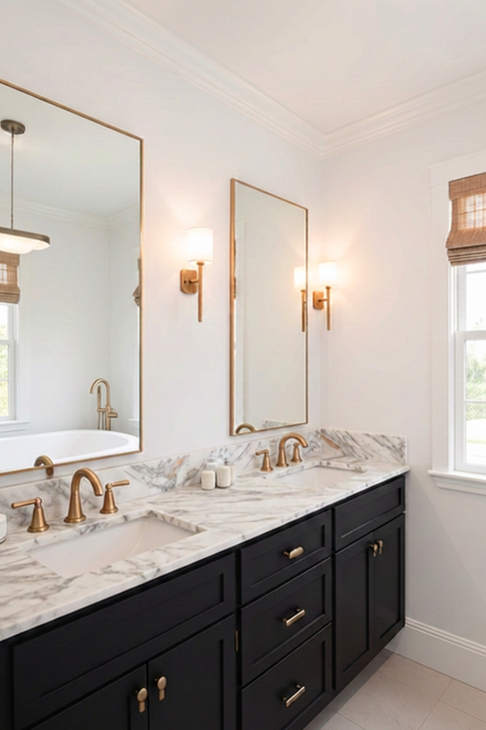 Black bathroom vanity with brass mirrors and wall sconces