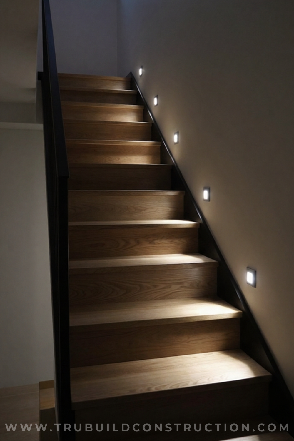 Recessed step lights illuminating basement stair treads at night
