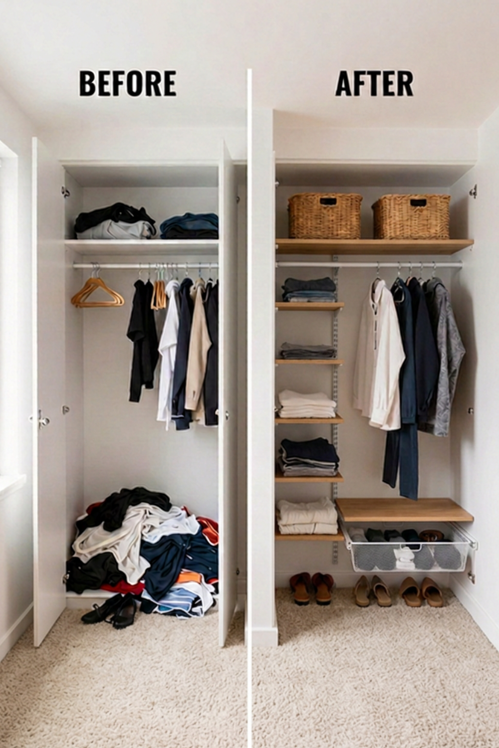 Before and after of a small reach-in closet showing a cluttered closet transformed into an organized space with wood shelves, hanging rods, storage baskets, and shoe storage.