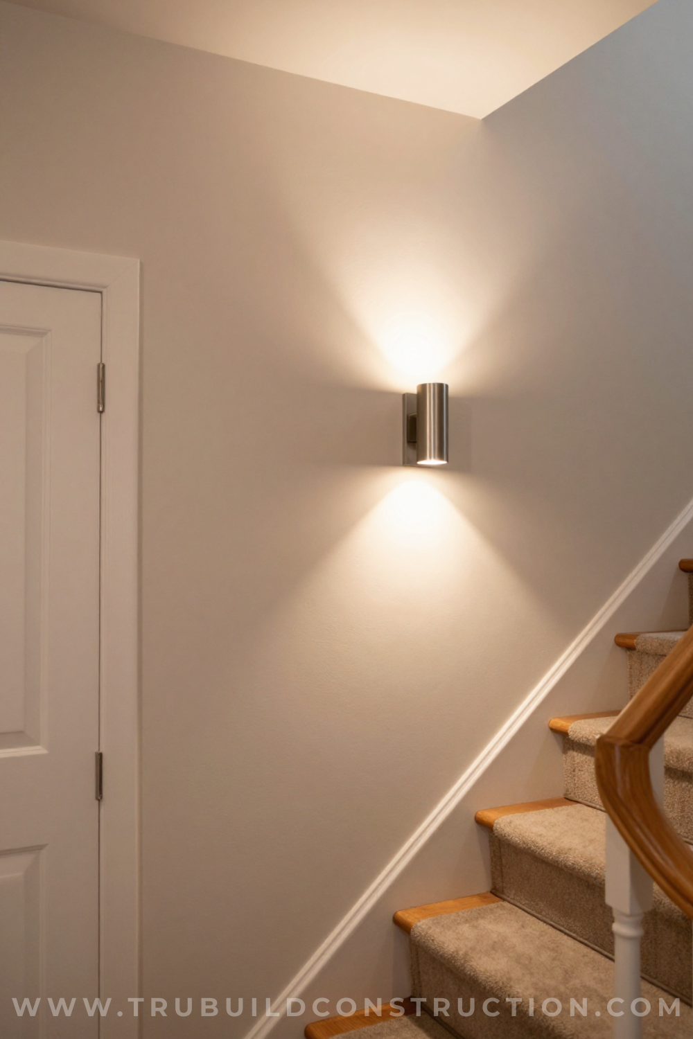 Modern wall sconces lighting a narrow basement staircase