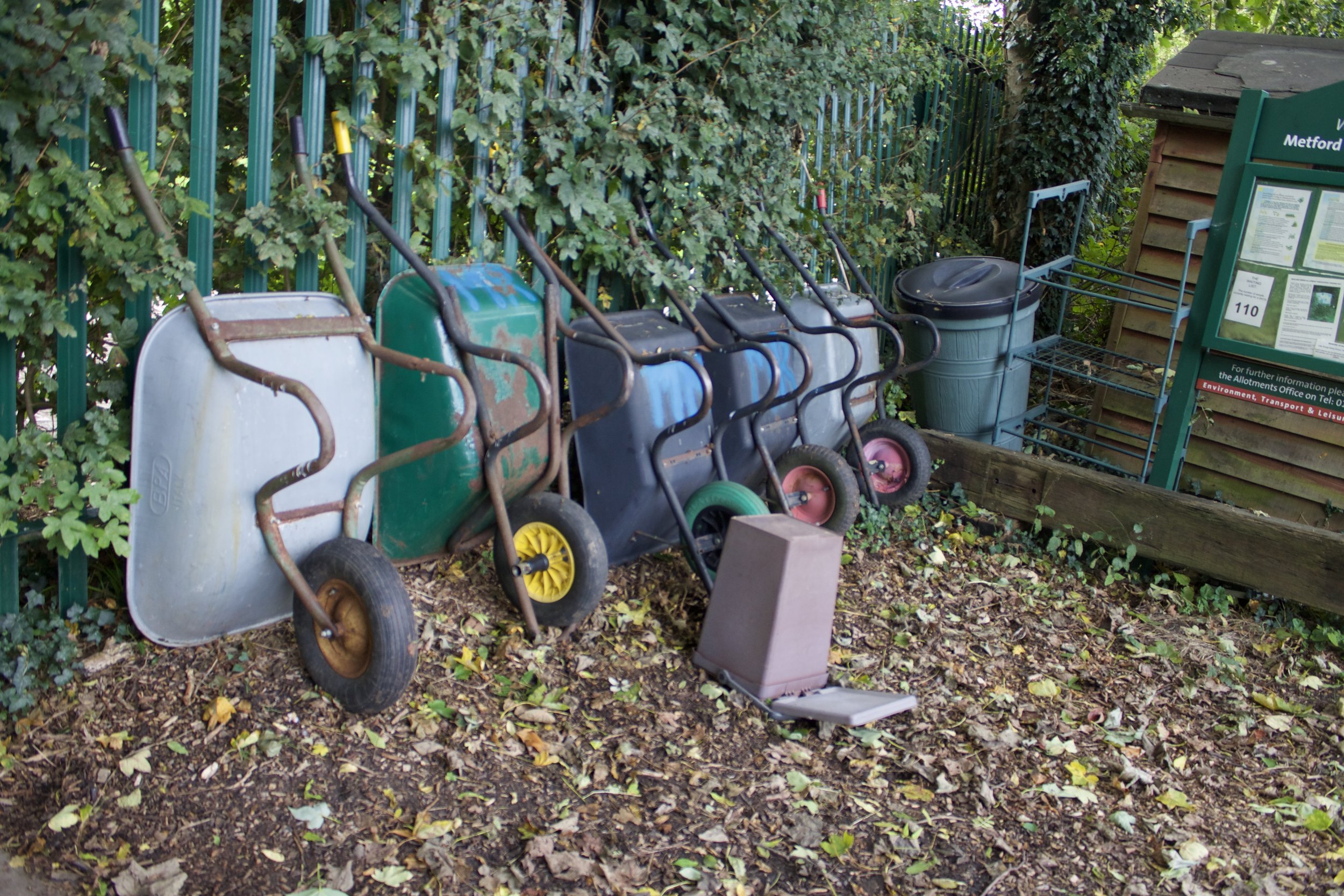 Allotment wheelbarrows, Bristol, UK