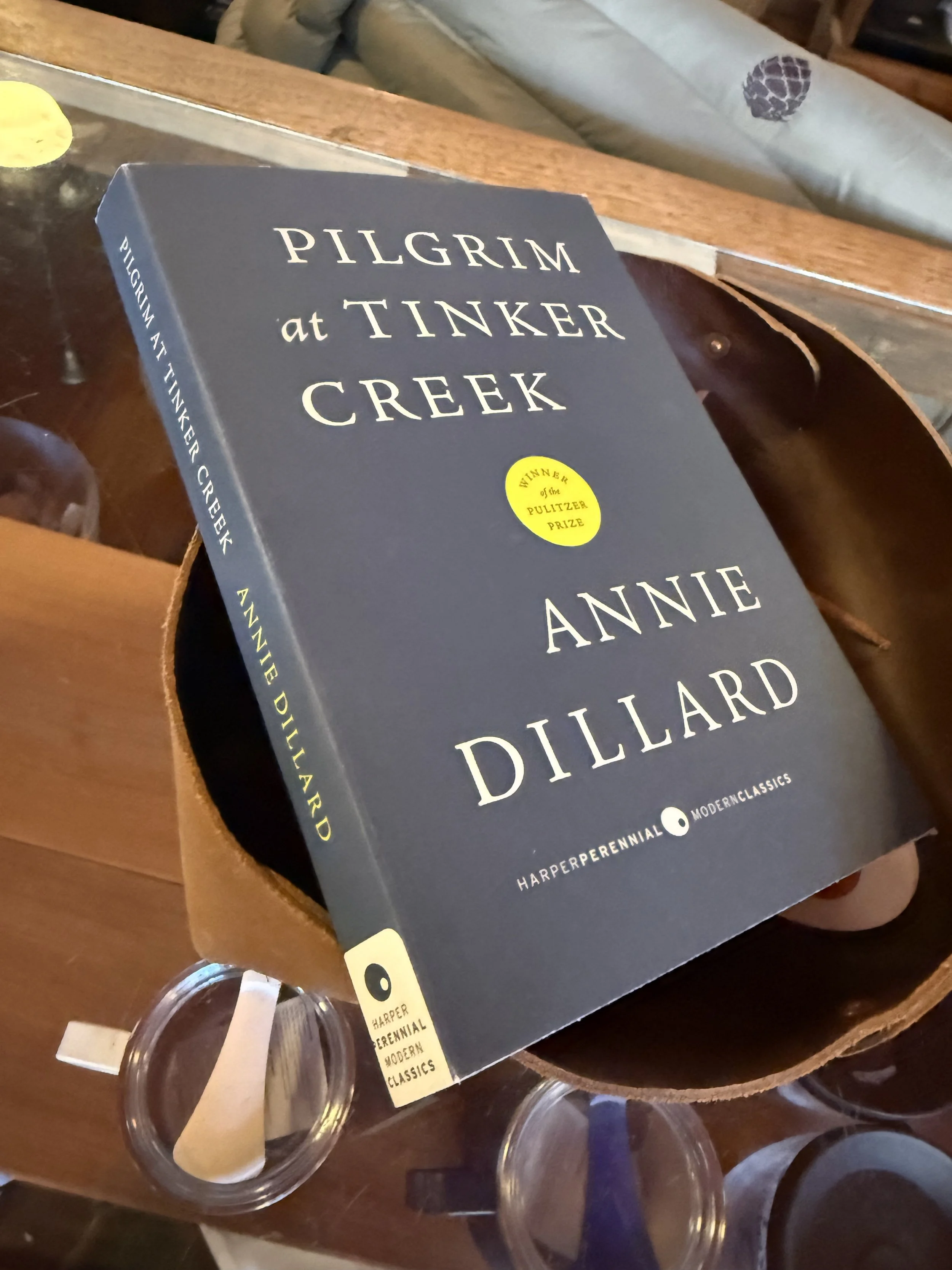 “Pilgrim at Tinker Creek” by Annie Dillard on a table, reflecting on rivers, mountains, and fly fishing life in Montana