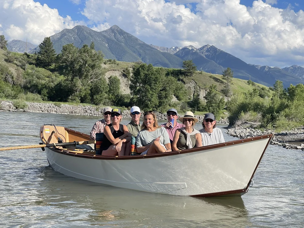 Scenic wooden boat on the Yellowstone River in Paradise Valley