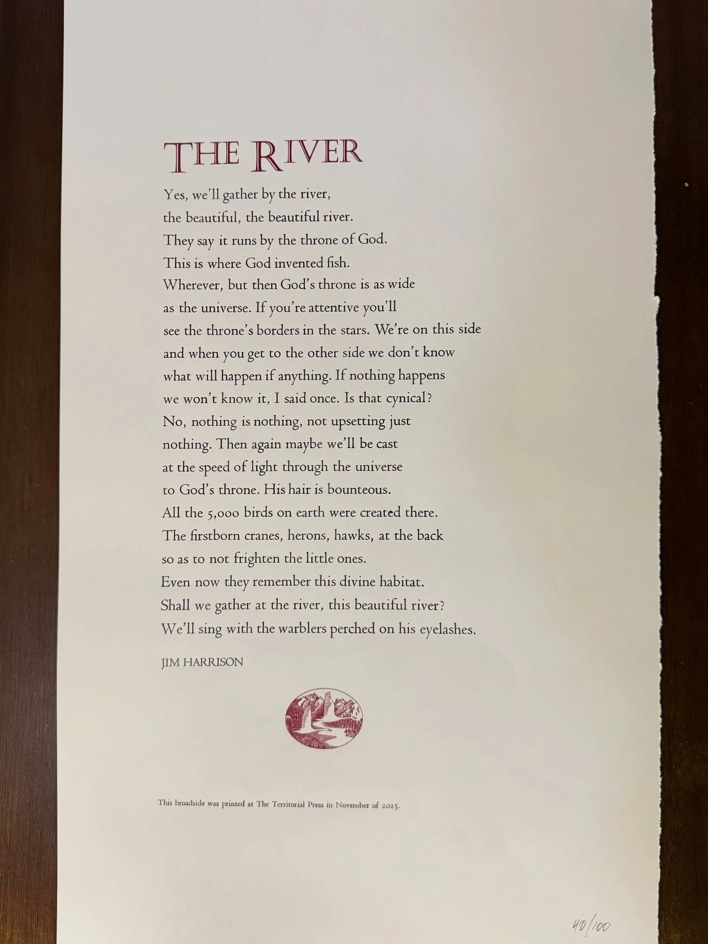 Picked up a printed copy of Jim Harrison&rsquo;s Rivers from Wheatgrass Books. Even if you never met him, the poem feels tied to life on the Yellowstone.

There&rsquo;s a line that sticks with you if you spend your days on moving water: &ldquo;Becaus