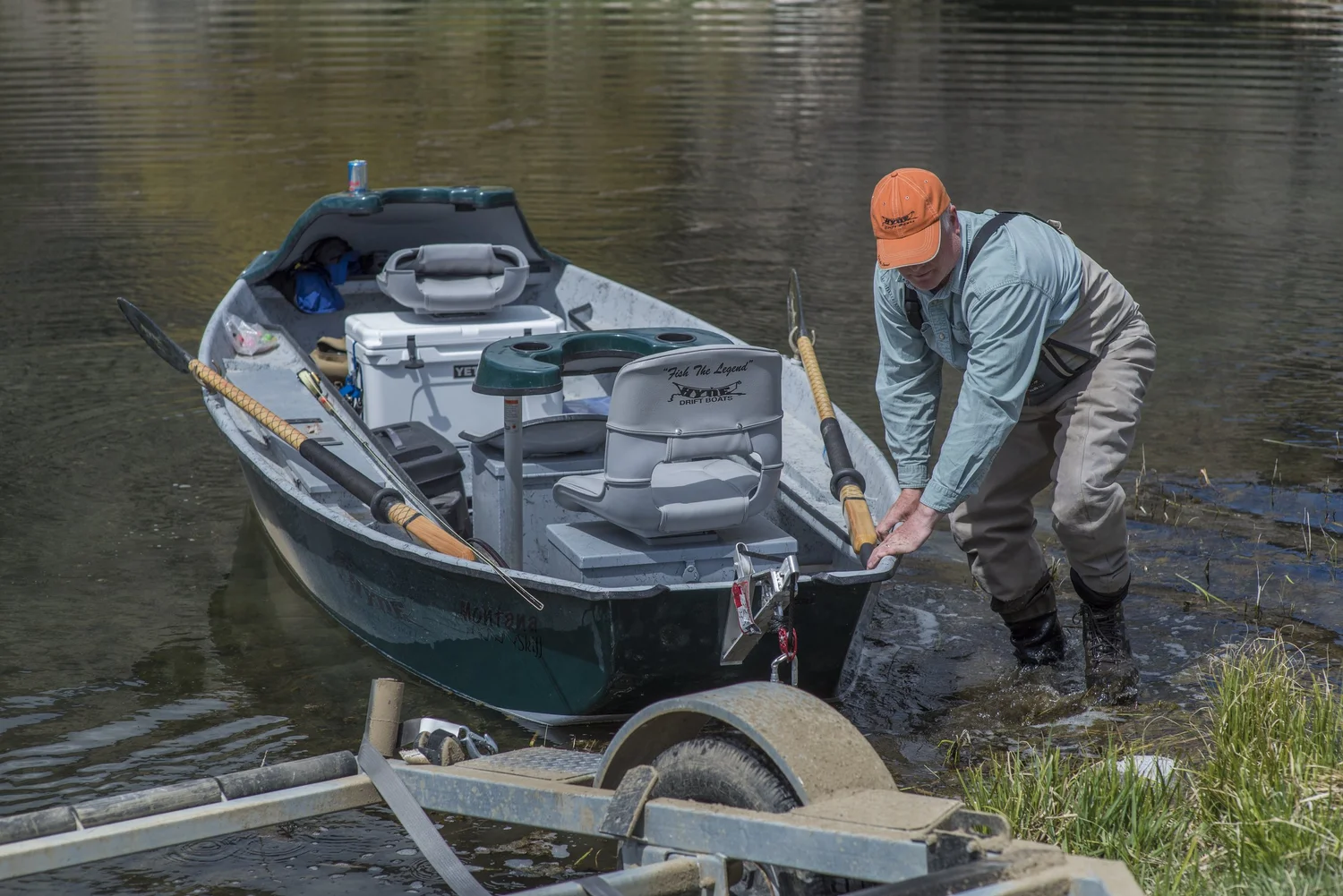 Hyde drift boat during private rowing instruction on the Yellowstone River in Montana
