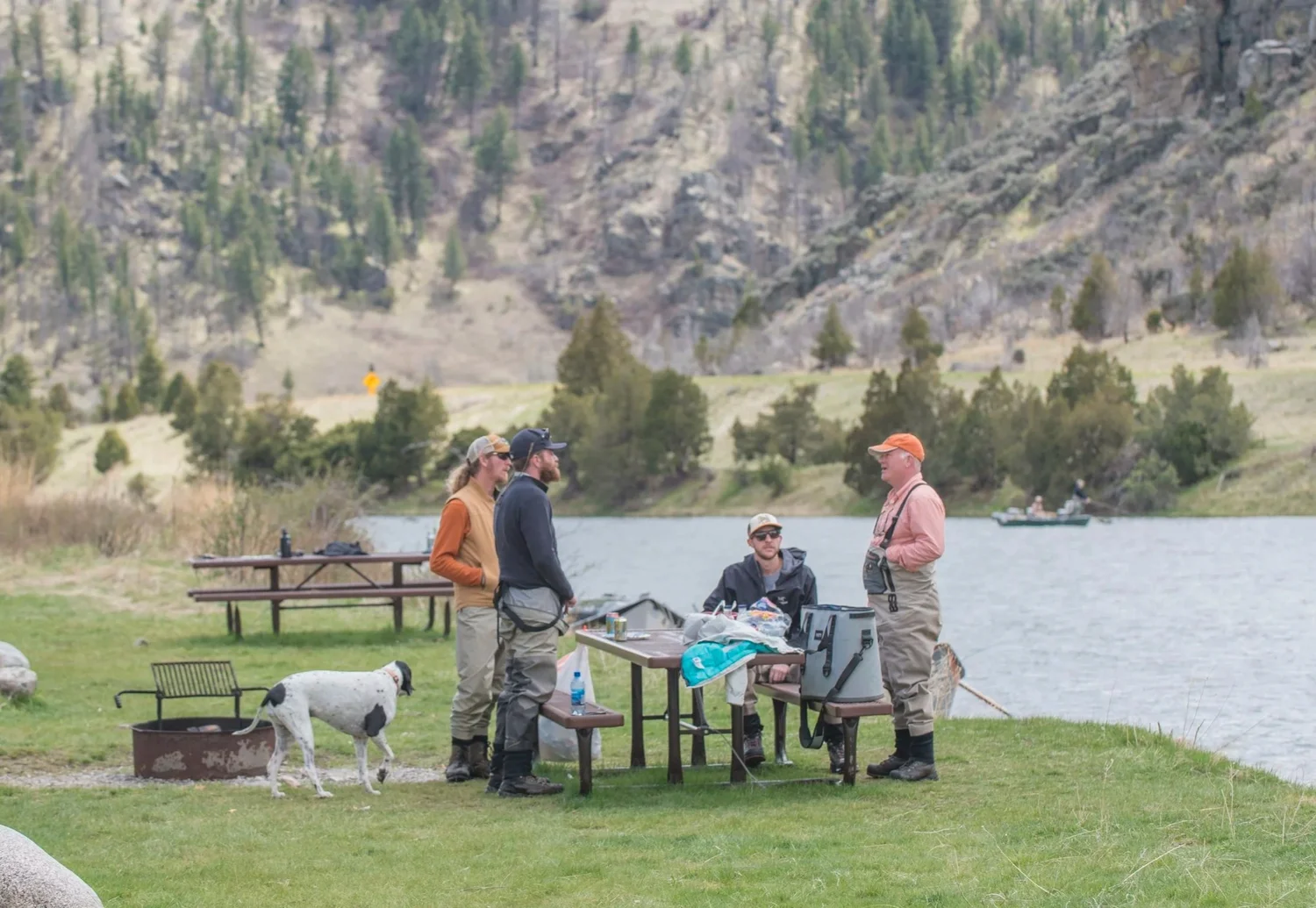 Montana Trout Camp group gathered beside the Madison River in Montana during instruction