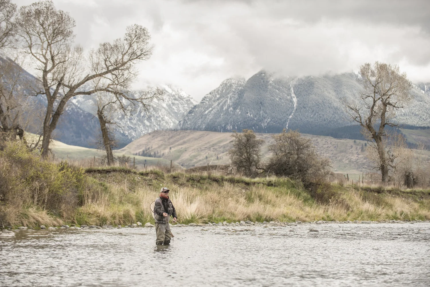 Fly fishing on a Paradise Valley spring creek in Montana with the Absaroka Mountains in the background