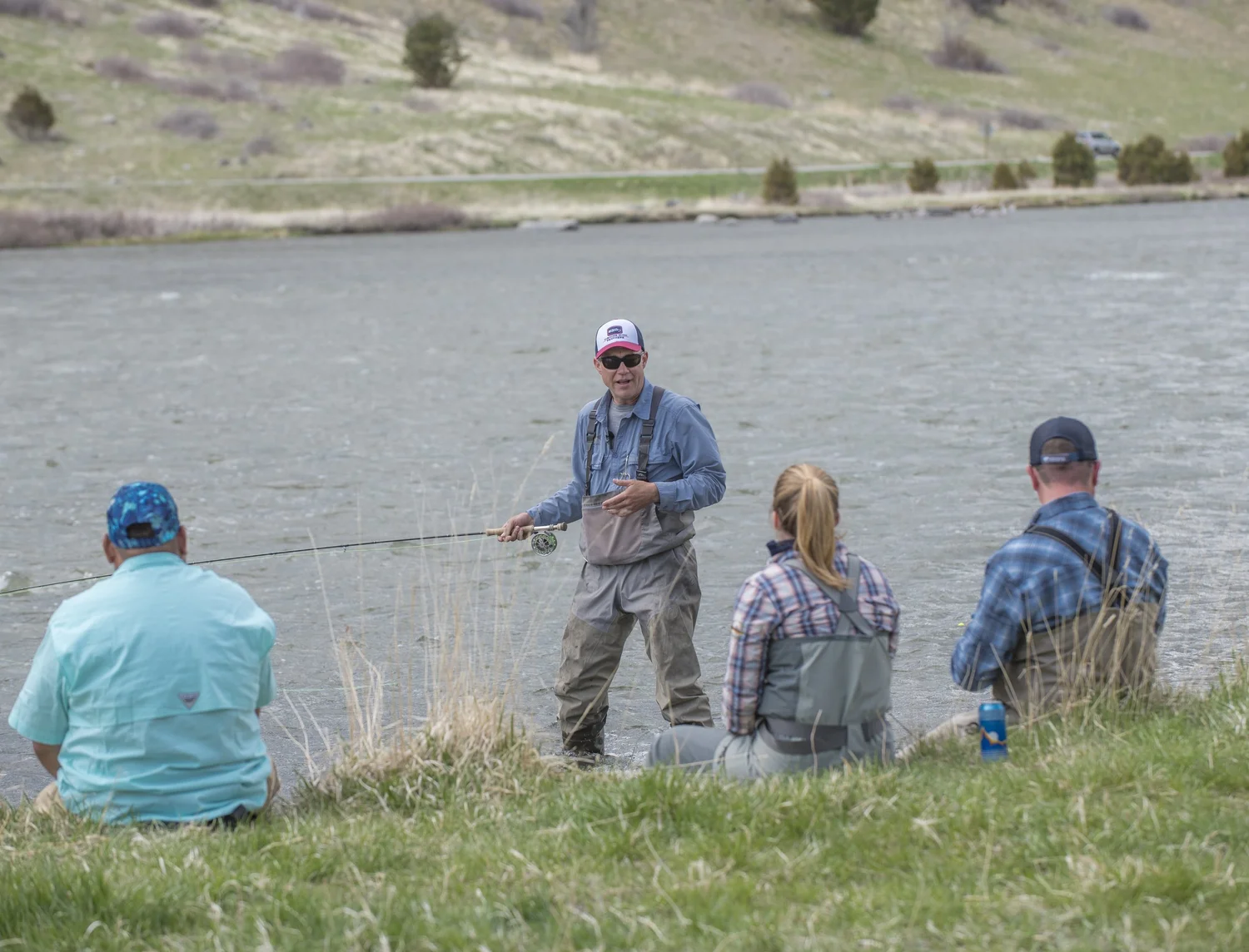 Small group fly casting instruction on a Paradise Valley spring creek during Montana Trout Camp.