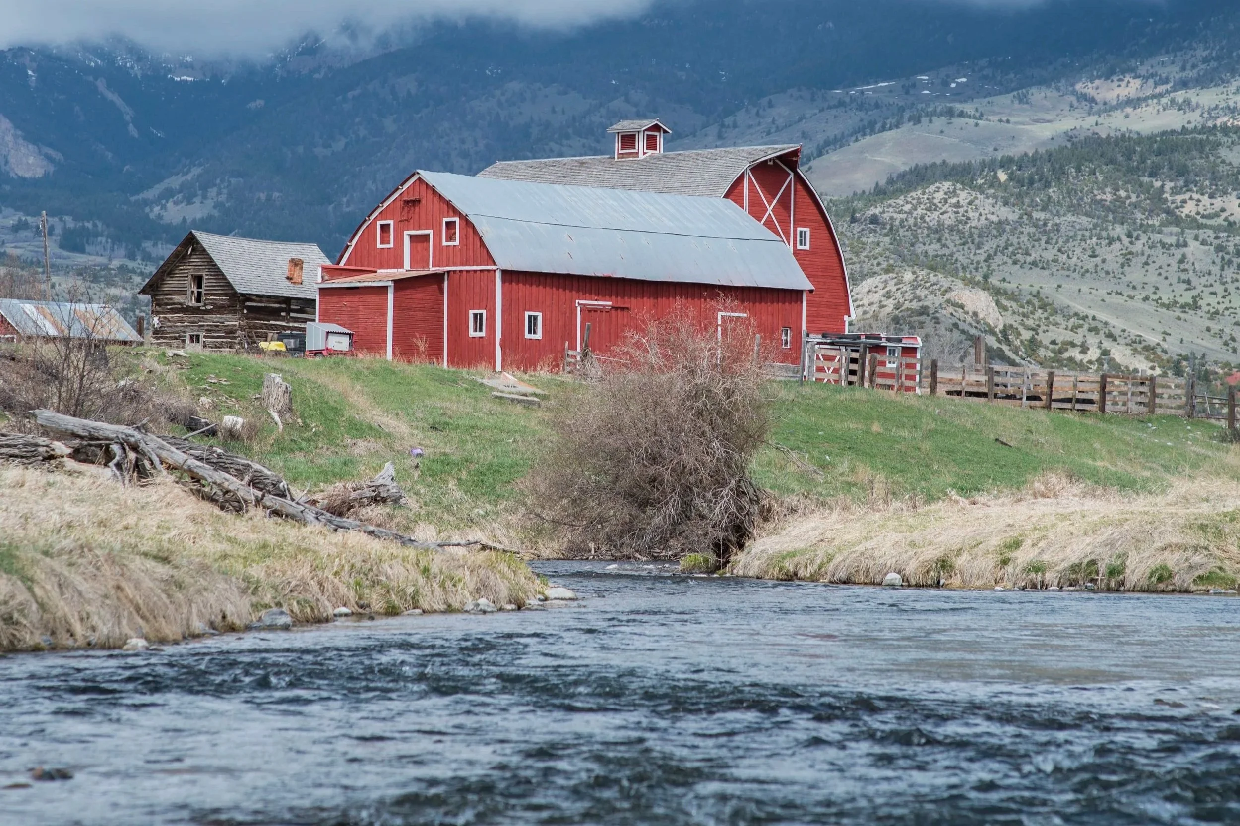 Armstrong's Spring Creek flowing past the red barn in Paradise Valley near Livingston, Montana