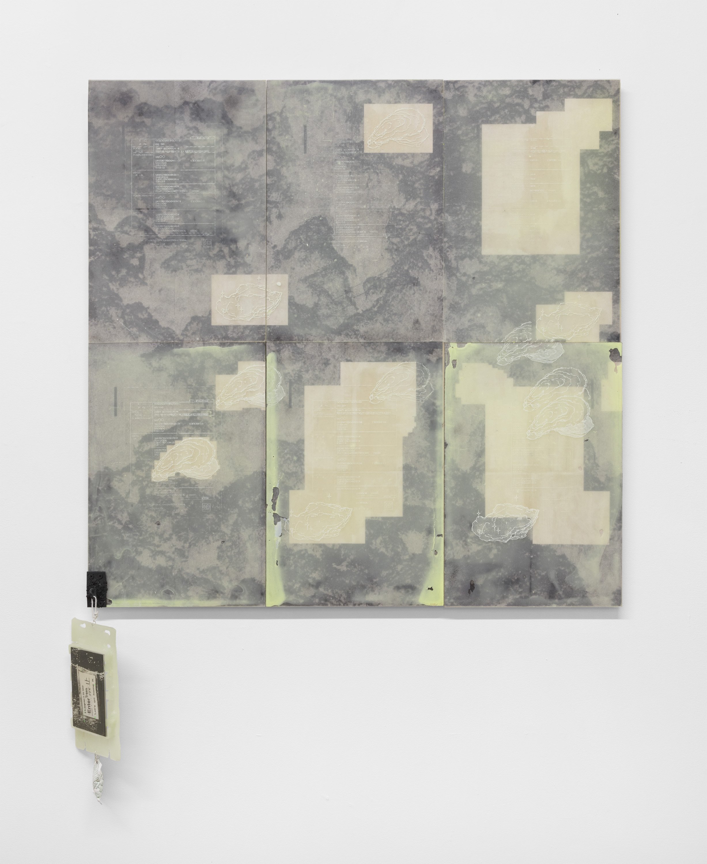   Brackish, Arborescent Fields Make for a Good Home (Koseki)   screenprint on plexiglass and polyurethane, pigment transfer on kozo, wood panel, silica pack 48 x 36 x 1 inches (12 x 18 inch panels)  2022 