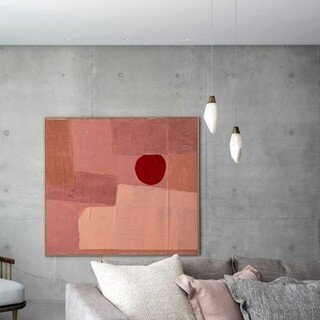 A vivid reminder of beauty among the everyday grey! This beautiful orange painting on a concrete wall is a captivating splash of life against a muted background.⁠
⁠
#SJSDrummoyne⁠
⁠
Art @galinamunroe⁠
Alabaster Pendant by @randyzieber⁠
Design + Decor