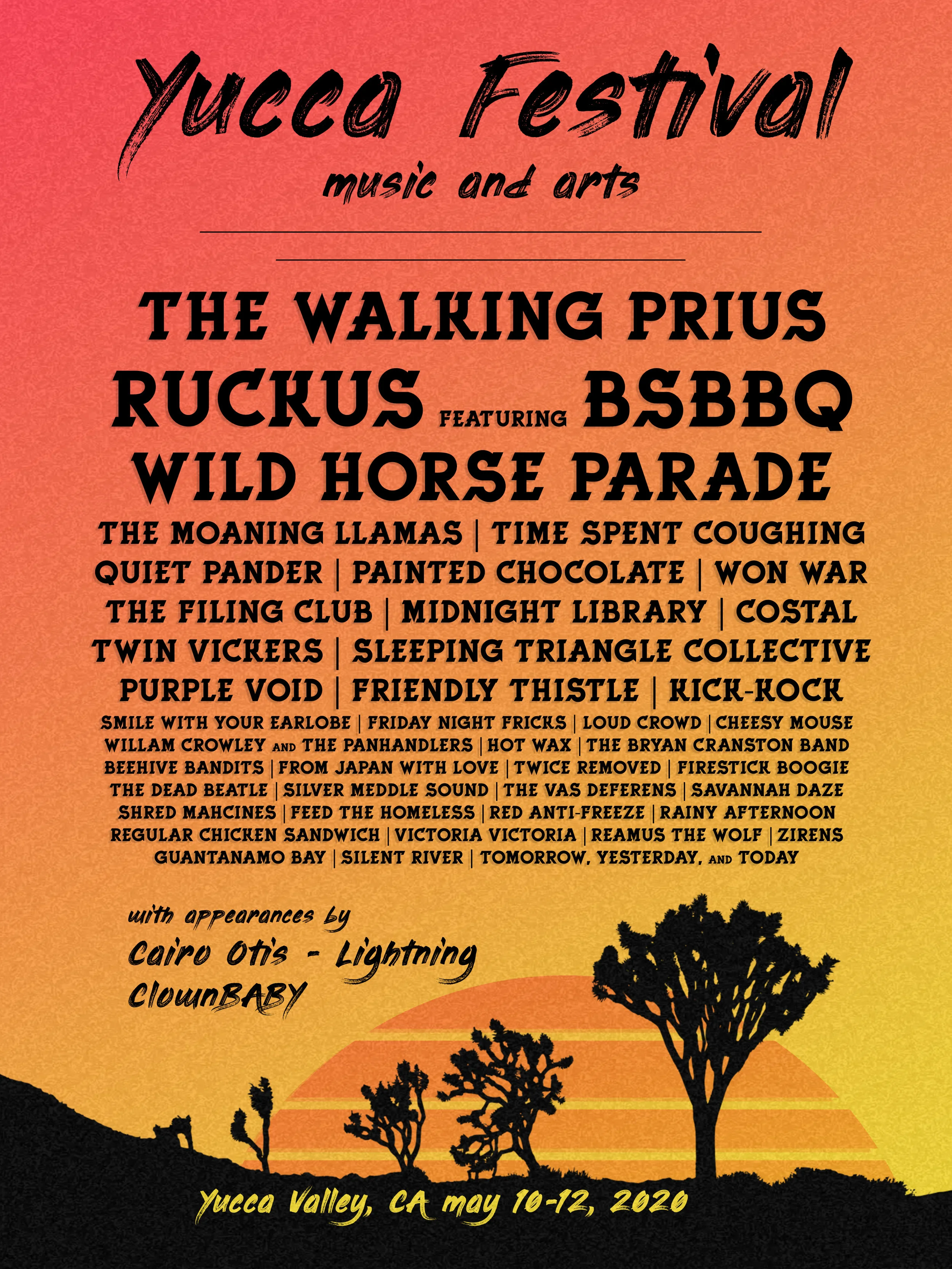 yucca_festival We’re super excited to announce the official line-up for the festival this year, which includes headliners THE WALKING PRIUS, RUCKUS featuring BSBBQ, and WILD HORSE PARADE . Every year Yucca Music and Arts loans itself to a certain artistic and musical theme. This year'‘s theme is vaporwave, so get out your cassette tapes and 80s nostalgia keepsakes and head to the desert! . #yuccafest #theme #v a p o r w a v e