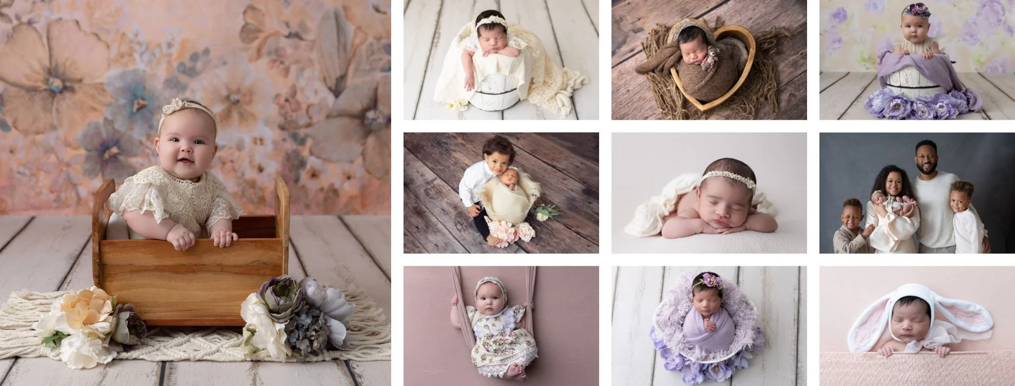 Newborn baby in white wrap posed on tummy with chin resting on hands, posed newborn portrait Tampa Bay