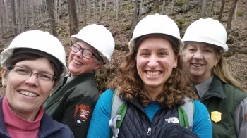 Emlyn Johnson with Friends of Mammoth Cave's Helen Siewers and Mammoth Cave rangers Vickie Carson and Leslie Price.