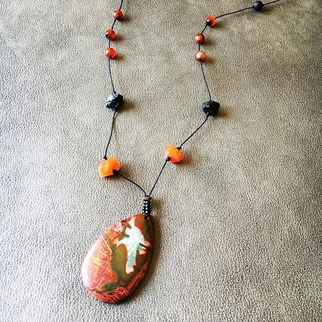 Need to get this beauty up on Etsy for sale! Made this long necklace with jasper, carnelian, tourmaline and agate! @kerenbydesign