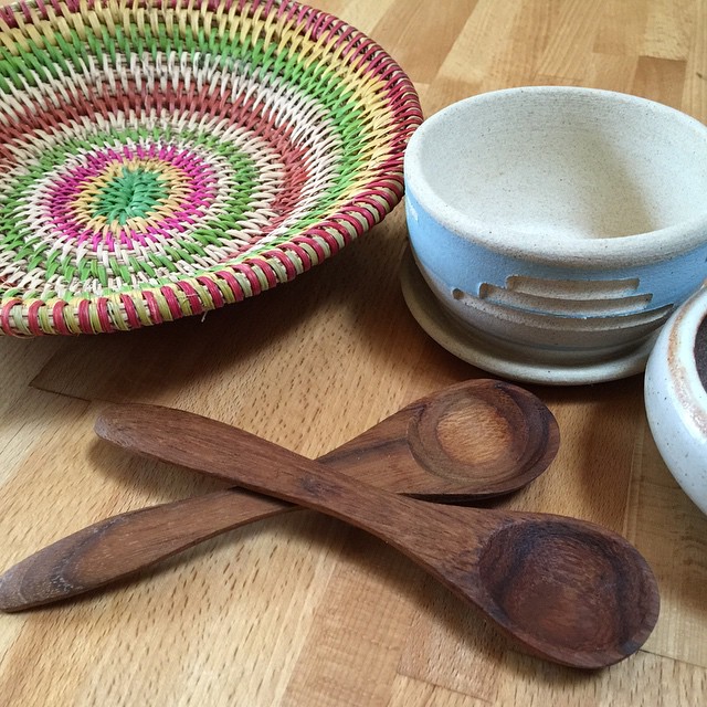 Love these little wooden spoons, tiny ceramic planters, and woven basket from an estate sale. All are used daily!