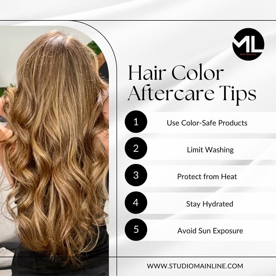 🌟 Hair Color Aftercare Tips from Studio Main Line Ardmore! 🌟⁣
⁣
Maintain your vibrant color and keep your locks looking luscious with these top-notch aftercare tips:⁣
⁣
1. Use Color-Safe Products: Opt for shampoos and conditioners specifically form