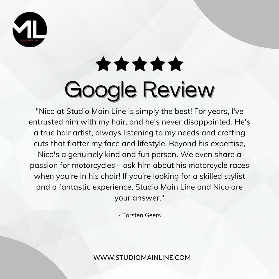 🌟 A Heartfelt Thank You to Torsten Geers! 🌟⁣
⁣
Your kind words warm our hearts and reaffirm our commitment to excellence. Thank you for entrusting Nico at Studio Main Line with your hair journey! 💇&zwj;♂️ We're thrilled to hear that you've enjoyed