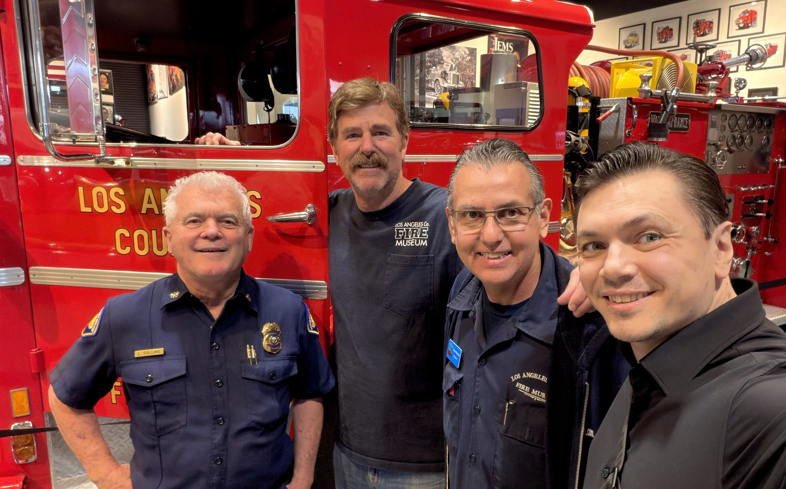  Left-right: CalEOS Chief Larry Collins, LA County Fire Museum Treasurer Paul Schneider, LA County Fire Museum VP Ernie Ramirez and Charles-henri Avelange (2026) 