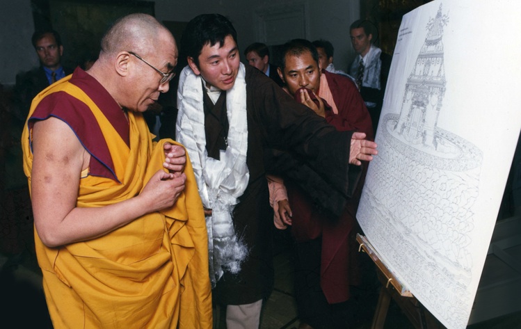 Pema Namdol presenting the concept design of Zangdok Palri to His Holiness the Dalai Lama