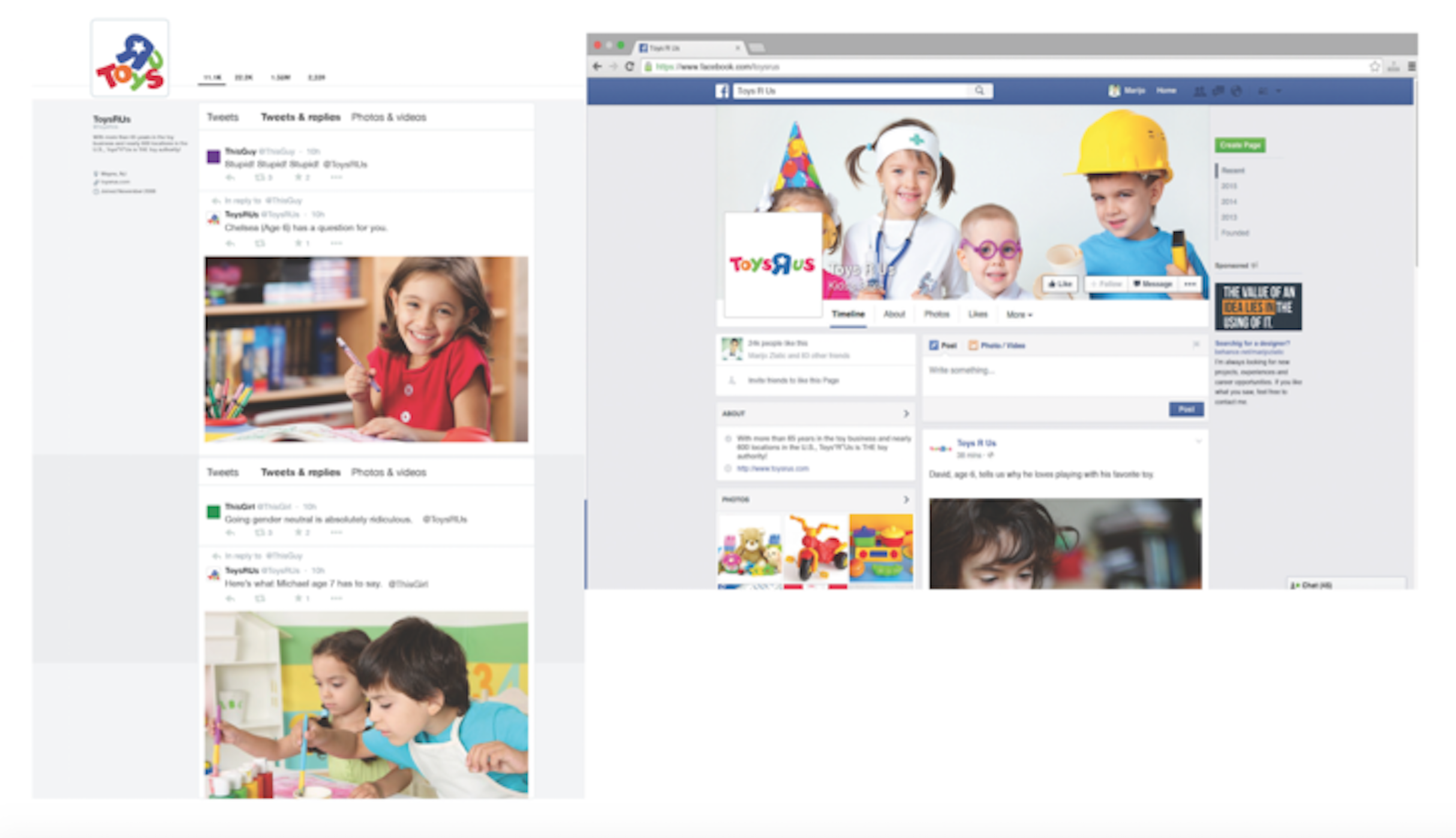 SOCIAL MEDIA RESPONSE Toy's R Us will anticipate criticism on Facebook and Twitter by responding with short videos of children repeating "but why?" or continuously asking "why?" There will also be clips of children explaining why they like to play with certain toys.