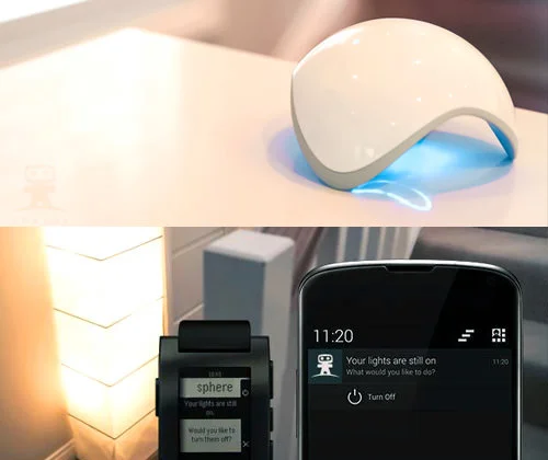 The Ninja Sphere is a home automation systems that couples wireless environmental sensors with its software to remotely switch lights on or off. 