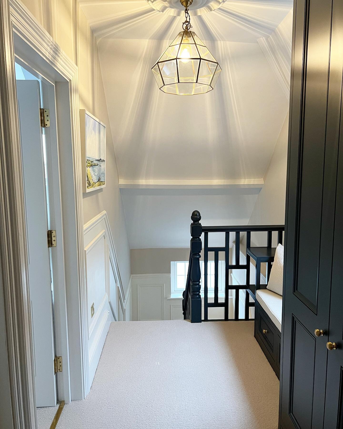 #beforeandafter of the top floor landing layout change. The front bedroom was such a weird shape so luckily we don&rsquo;t even miss that we sliced some of it off to make a bigger landing up here. How do people feel about pine doors versus white door