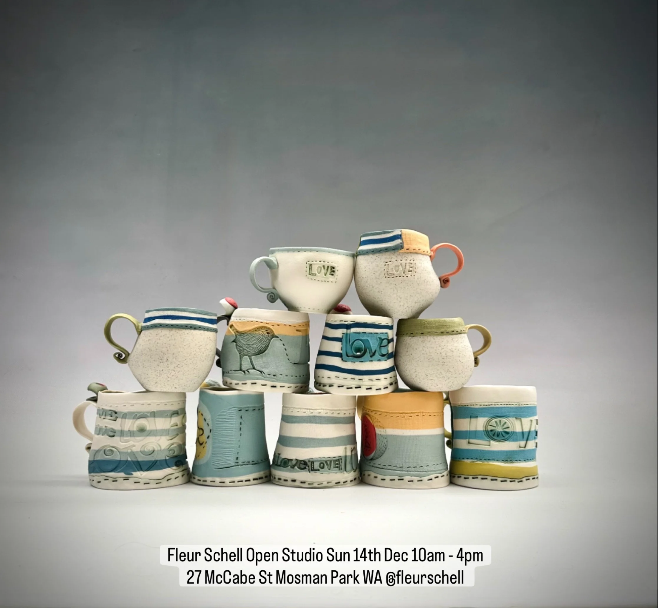 Fleur Schell Open Studio
Sun 14th Dec 10am - 4pm
27 McCabe St Mosman Park WA
@fleurschell  #openstudio #keepcarnabysflyingngoolarksforever #cup #porcelain #thelittlethings #tea #clay #australianartist #australianceramics