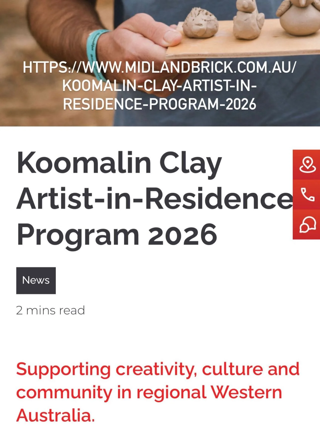Super excited to announce the first ever Western Australian Regional Clay Residency opportunity, generously funded by Midland Brick Company. 
This is a 9-week, fully funded community engagement residency where all clay materials are provided. Located