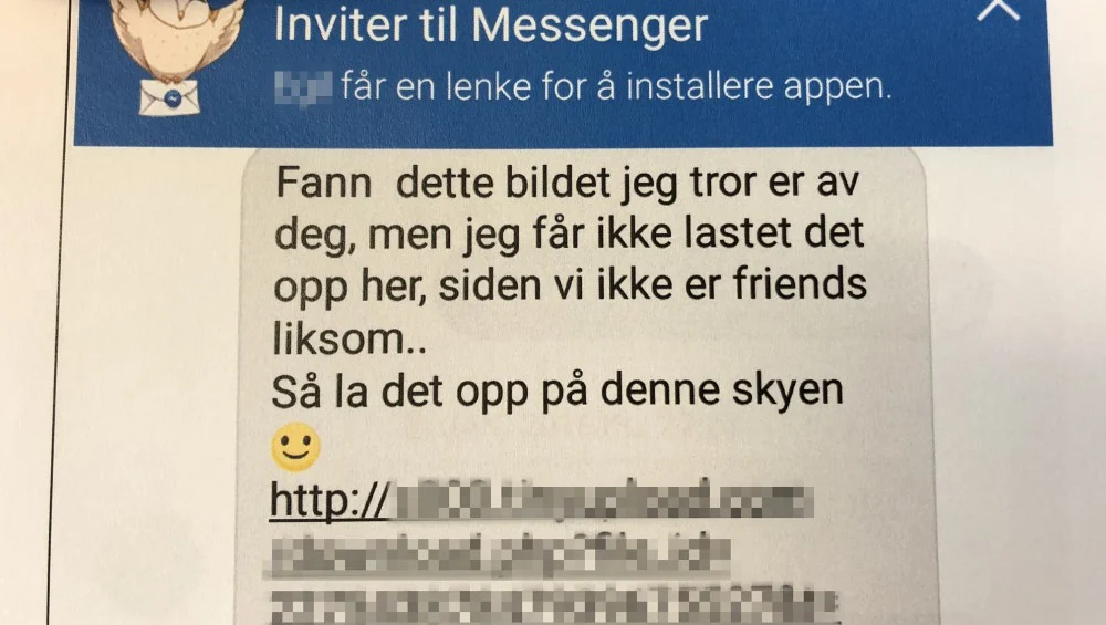 Denne meldinga har mannen ifølgje politiet sendt til ei av jentene han var trenar for. Ved å trykke på linken skal han ha fått fullgang til pc-en hennar, og kunne overvake henne via webkamera. Politiet fryktar at han kan ha gjort det same med rundt 30 andre han trente. FOTO: SYNNØVE HOLE JULI 2018 Les saken
