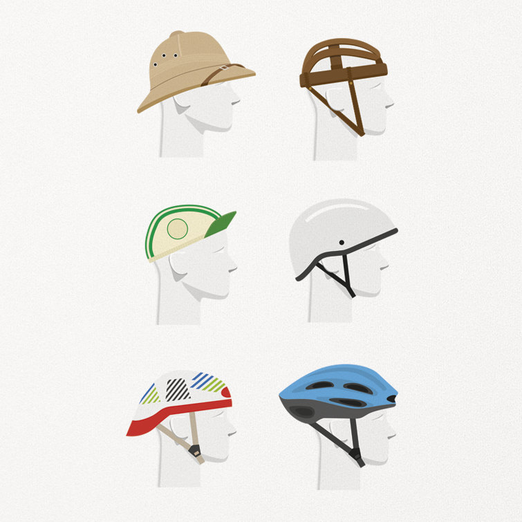 Evolution of the cyclist helmet design. Illustrations for Velopdeia .