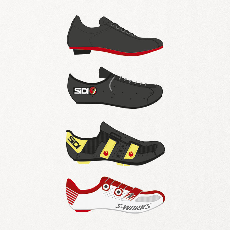 Key design developments of the cyclist shoe. Illustrated for Velopedia .