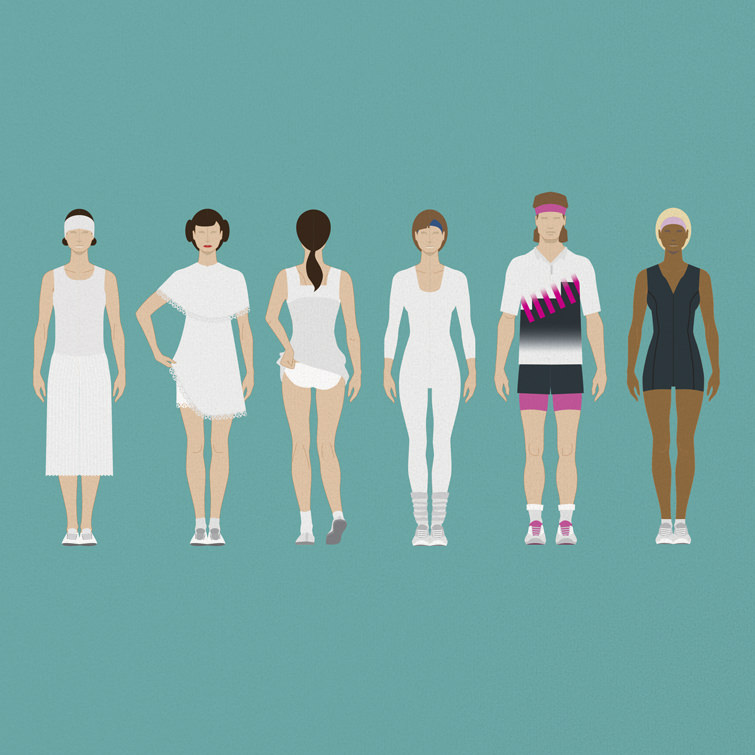 Tennis fashion parade from left to right: Suzanne Lenglen, Gertrude Moran, Pat Stewart, Anna White, Andre Agassi and Serena Williams.