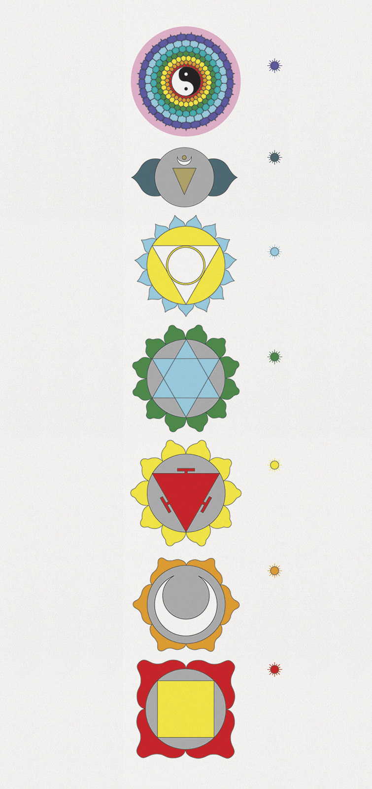 Illustrated symbols of the seven major chakras for a book on reflexology.
