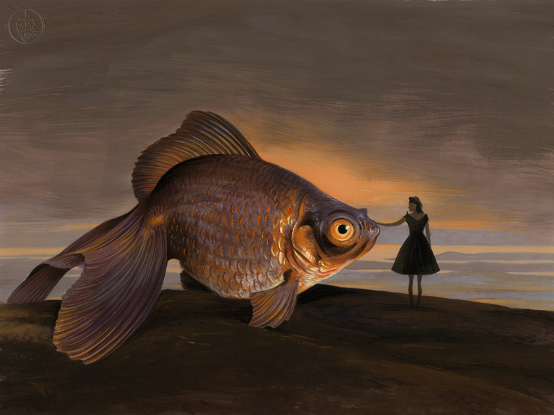 A rather simple but melancholy image of a fish out of water...Sometimes clichés can be poignant. Everyone loves to draw gold fish...(so why not...) Gouache on paper © Bill Mayer 2015