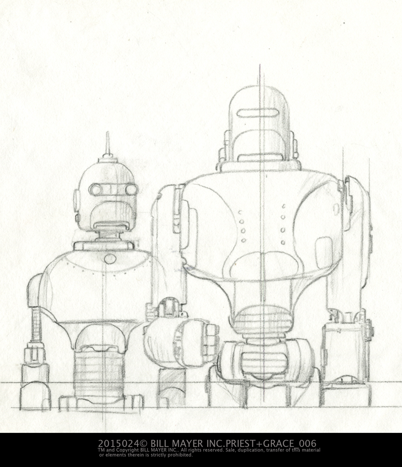Revised sketch of the cover robots... Now that I am revisiting this I think I like that down turned mouth on the lady-bot... At the time I thought the expression was too negative.