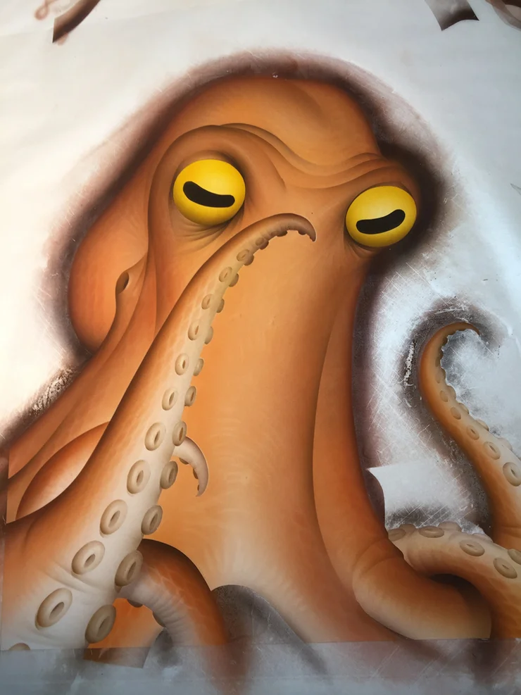 In process art for the octopus almost finished.... I know, airbrush, it's just so much faster for me... Some textures and highlights I will add in Photoshop later....