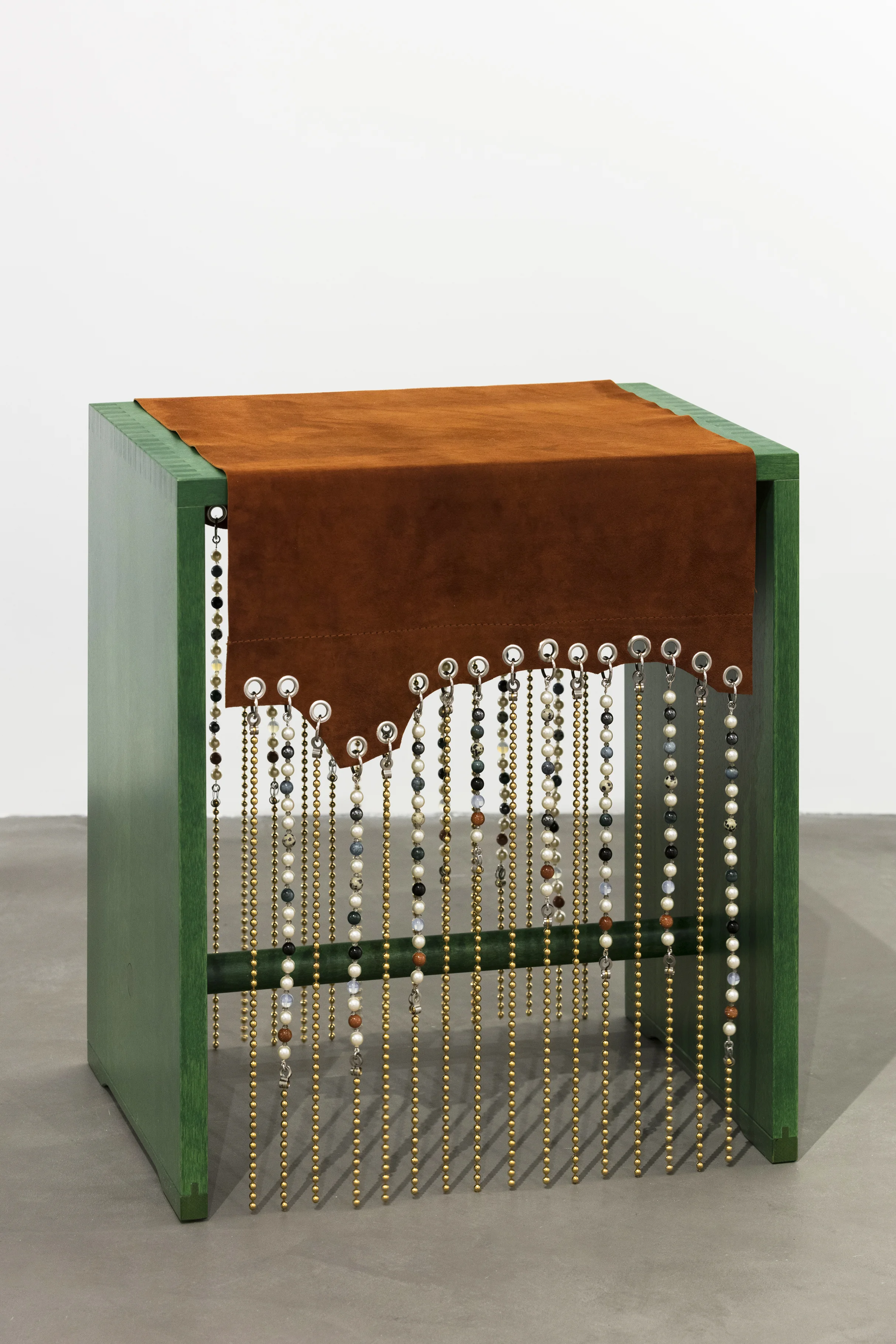Ligia Dias, After MAX (1), 2018, leather, plated brass, aluminium, crystal, glass, semi-precious stones, 117 cm. Courtesy of the artist. (photo Andrea Rossetti, © Martina Simeti)