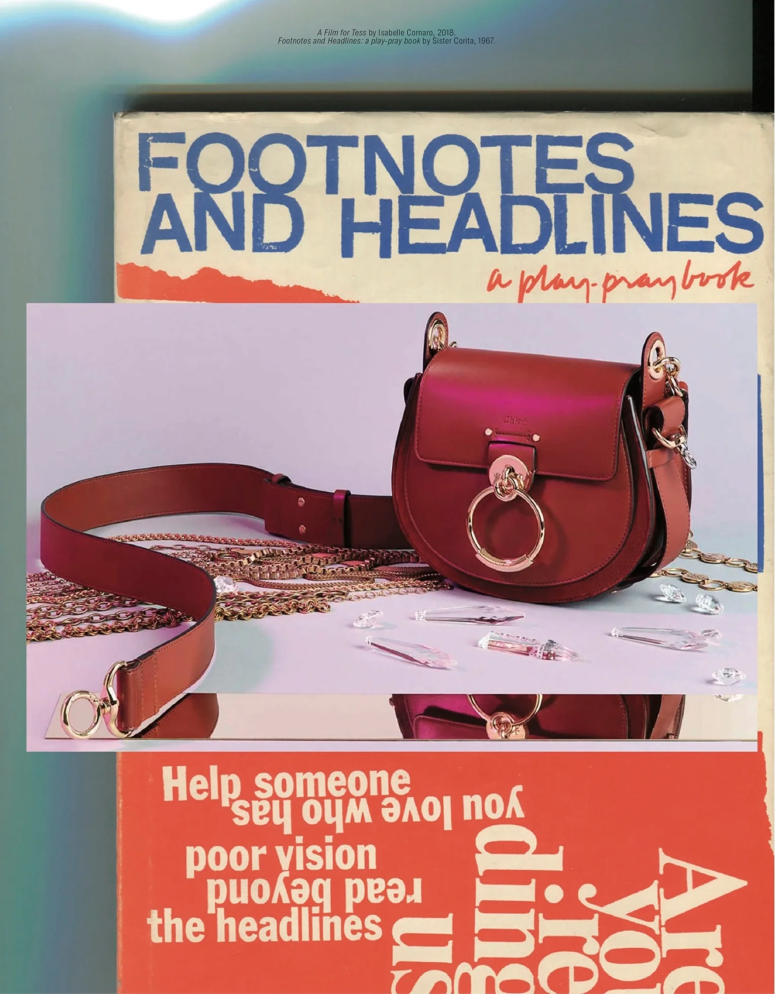 A film for Tess (screenshot), Isabelle Cornaro, 2018. Footnotes and Headlines : a pray-play book , Sister Corita, 1967.