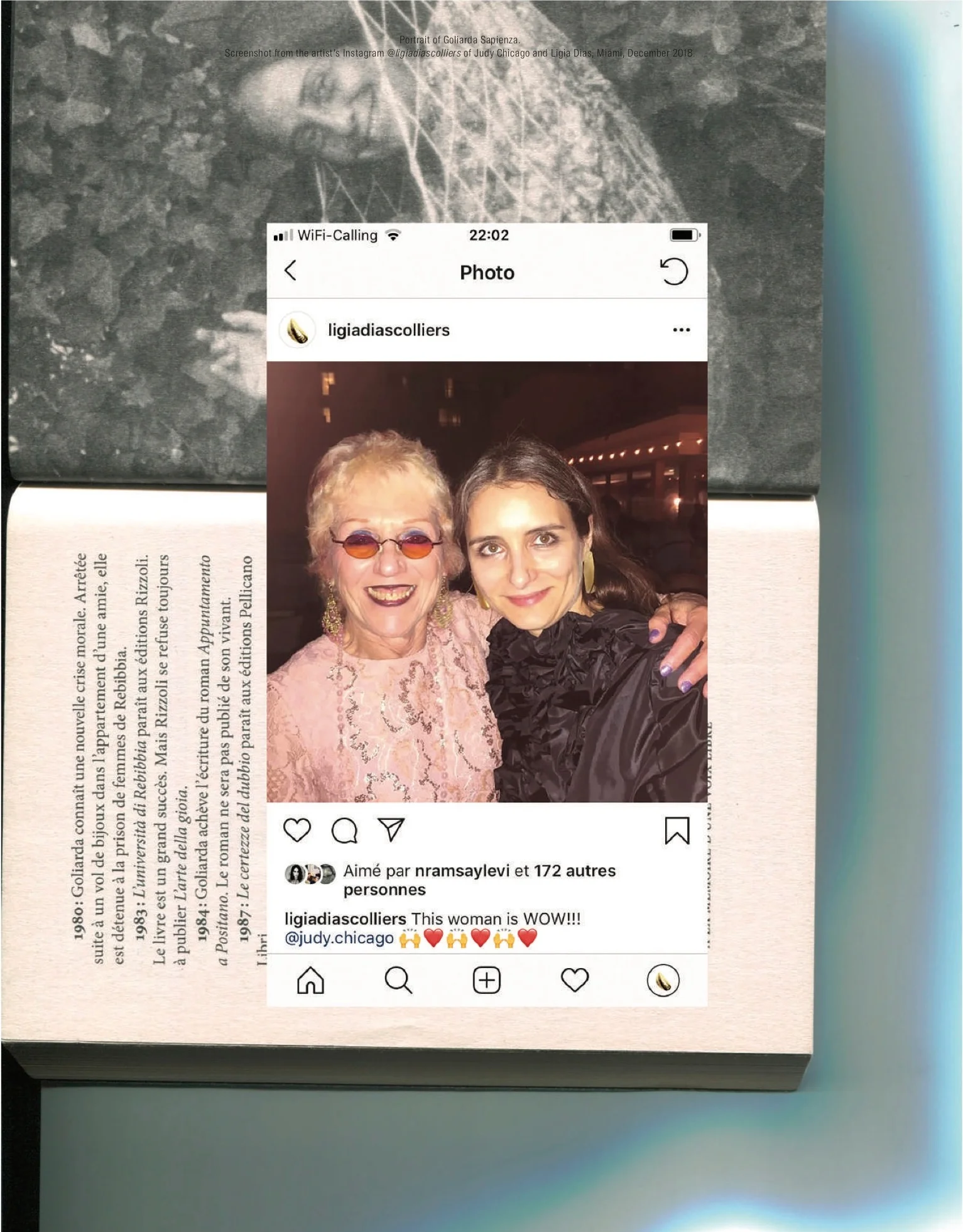 Screenshot from the artist’s Instagram @ligiadiascolliers of Judy Chicago and Ligia Dias, Miami, December 2018. Portrait of Goliarda Sapienza.