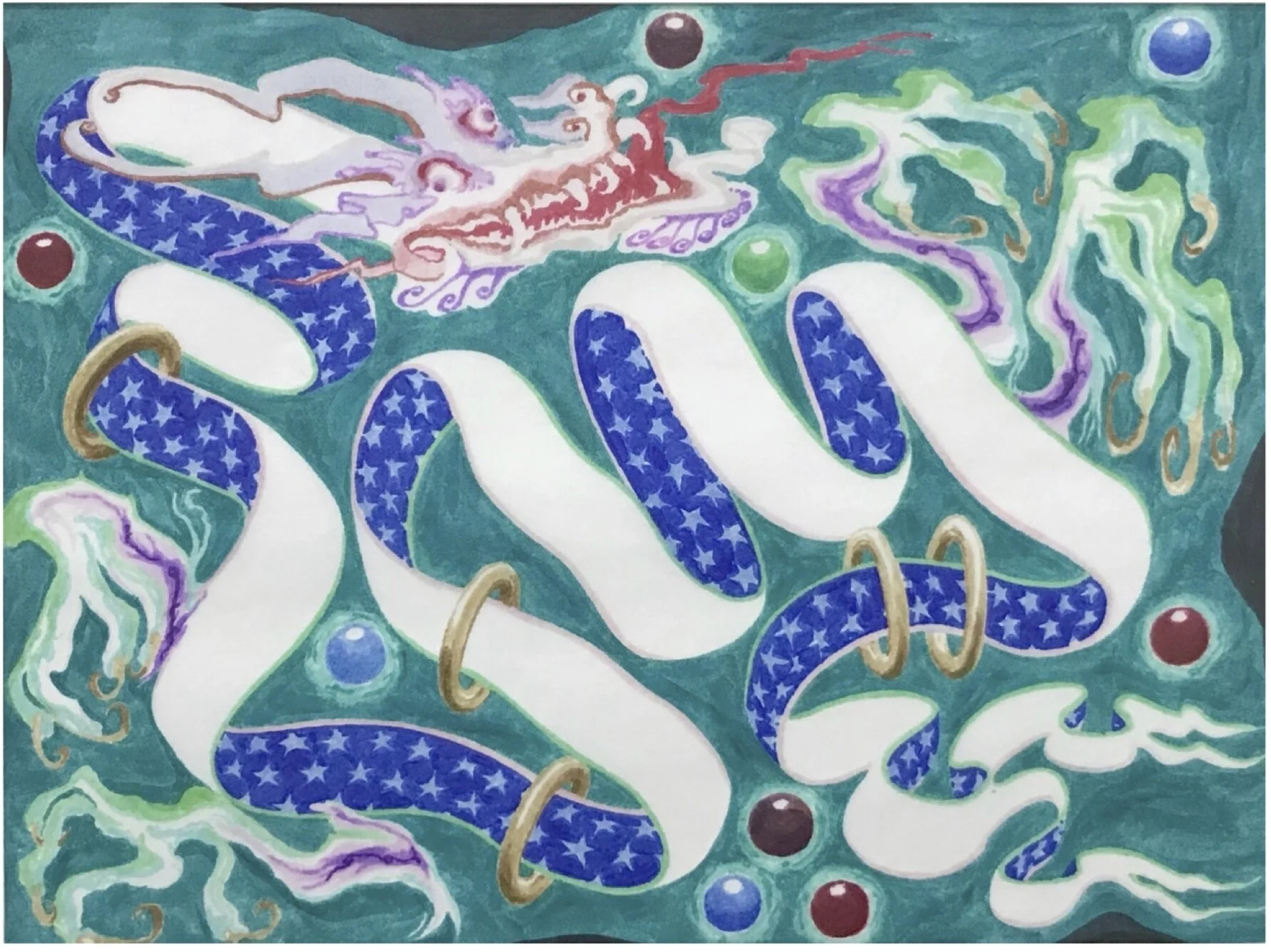  Greg Parma Smith, Banner Dragon with Jewels, 2017, Ink on paper, 22,8 x 30,5 cm (encadré : 31,2 x 38,8 x 3,1 cm). Courtesy Galerie Francesca Pia, Zurich 