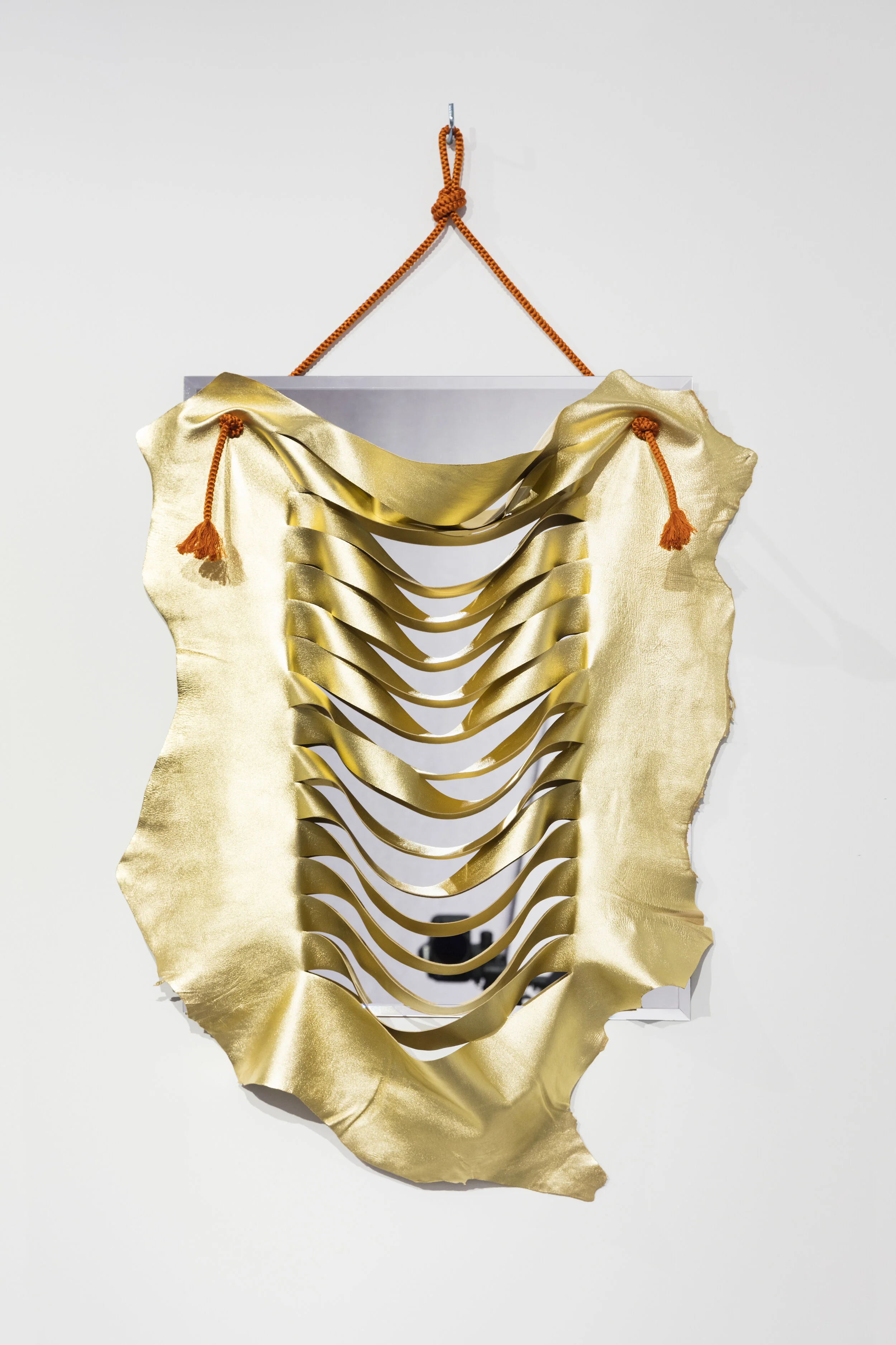  BOB, 2018, mirror, metal, leather, silk, 55 x 70 cm. Photo Andrea Rossetti   Contact for price   