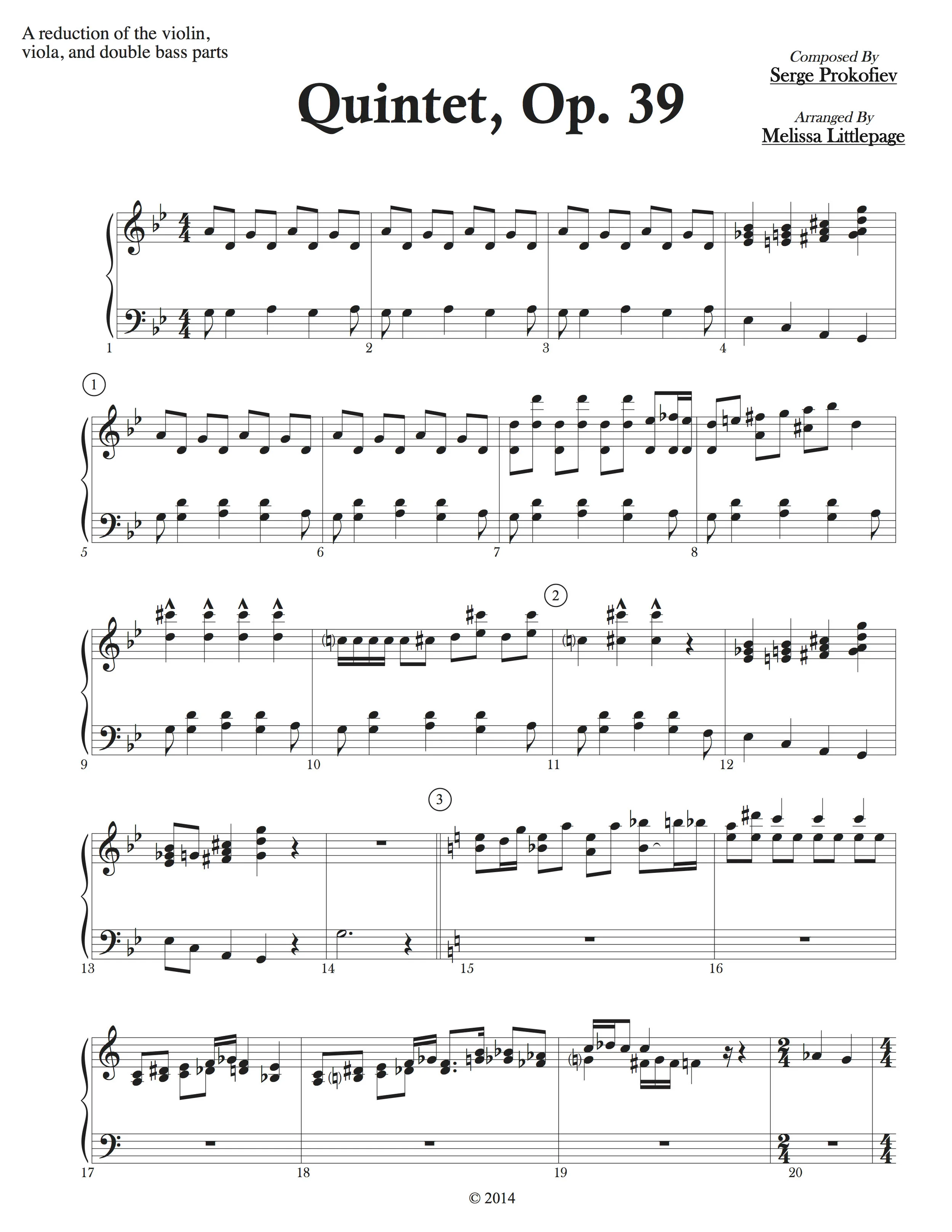 Sergie Prokofiev's Quintet, Op. 59 string parts arranged for piano, to be performed with clarinet and oboe.