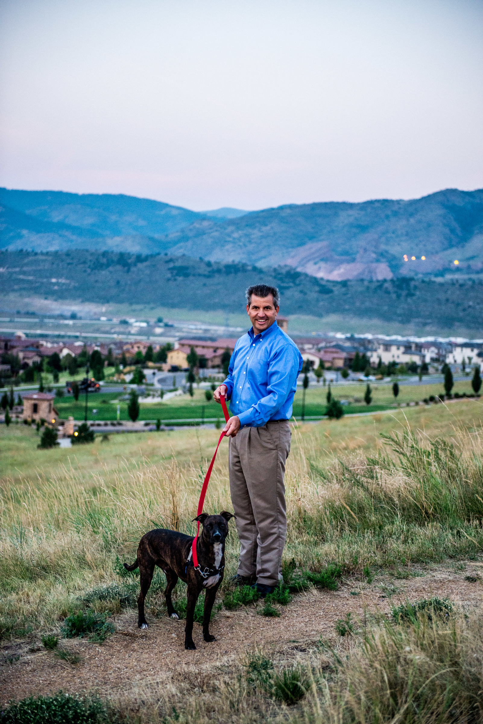 Andrew Nagel walking his dog in Solterra.