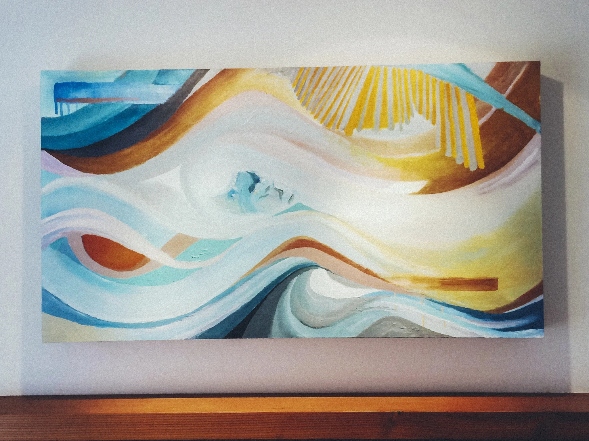 A collaborative piece, done with John Coleman, Siri Bright & Lara Shea. Designed to fit overtop of the T.V that's hung above the mantle. 4 day project. Untitled. Acrylic on Canvas. 2017
