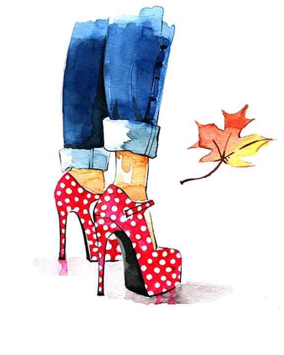 Red polka dots and jeans fashion illustration by Rongrong DeVoe