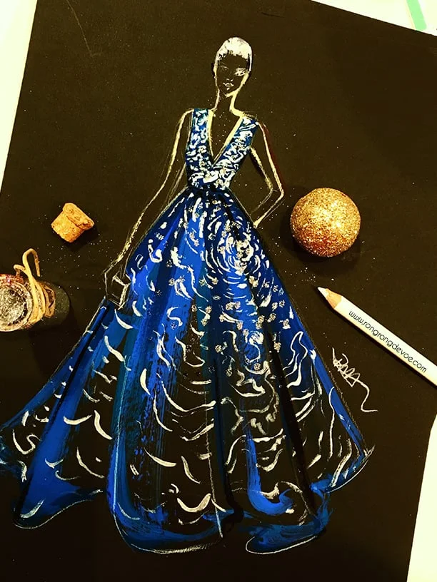 green emerald velvet dress Custom Fashion Sketch – Maria Ahrens