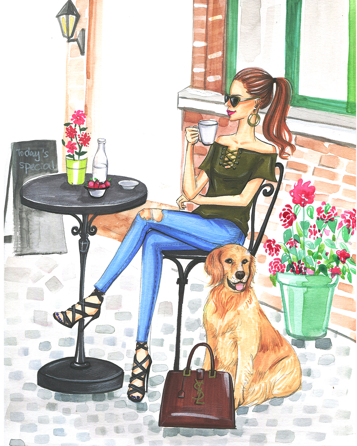 Fashion Illustration of fashion blogger in a cafe by Houston fashion illustrator Rongrong DeVoe